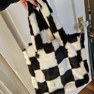 Black and White Checkered Faux Fur NWT Tote Bag
